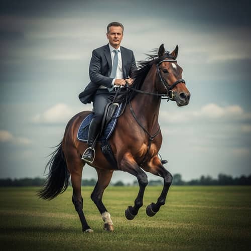 Established Politician Leader Riding Majestic Horse in Green Landscape