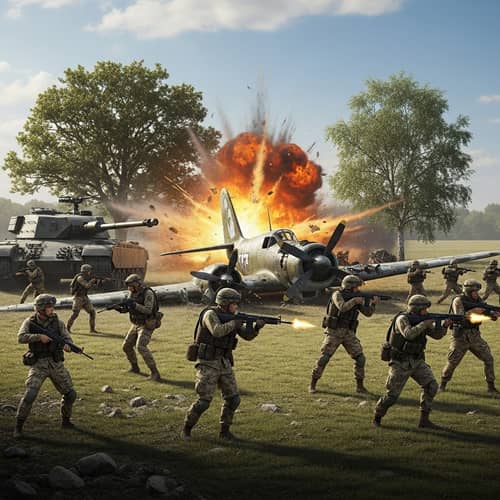 Intense Battlefield: Soldiers, Tank, & Downed Plane