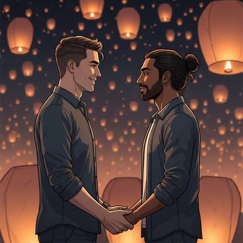 Heartfelt Portrait of Loving Couple Surrounded by Sky Lanterns