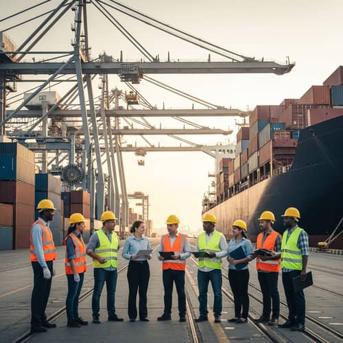 Shift Handover Scene in a Bustling Port - Diverse Dock Workers at Work