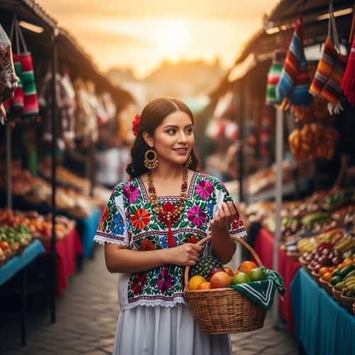Mexican Woman in Traditional Dress at Colorful Market