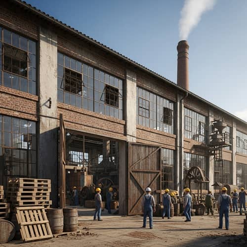 Rustic Factory Scene with Diverse Workers | Historical Site