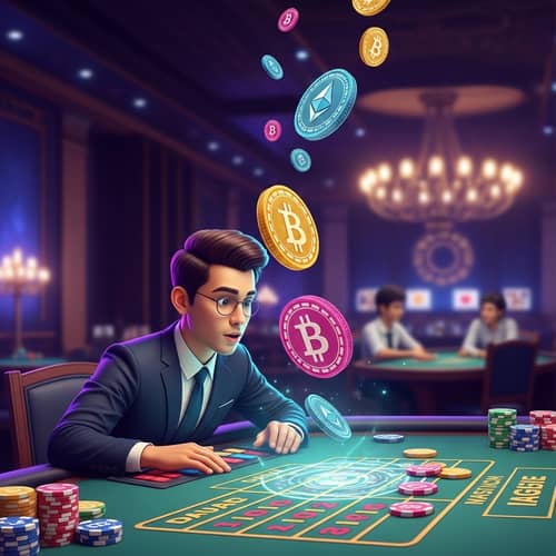 Surreal Casino Setting with Cryptocurrency Coin Flip Game