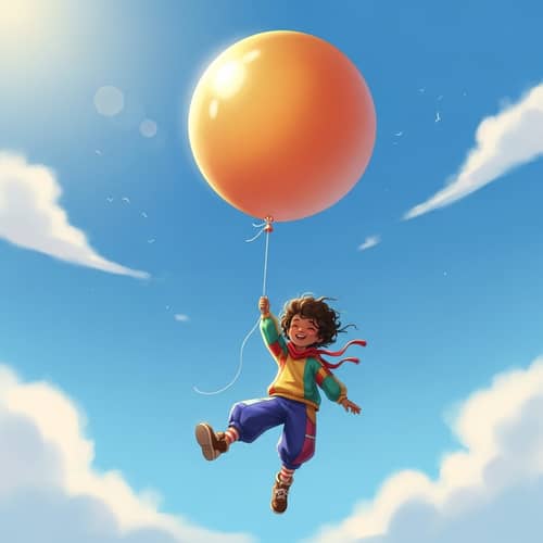 Colorful Gender-Neutral Child Floating with Giant Balloon
