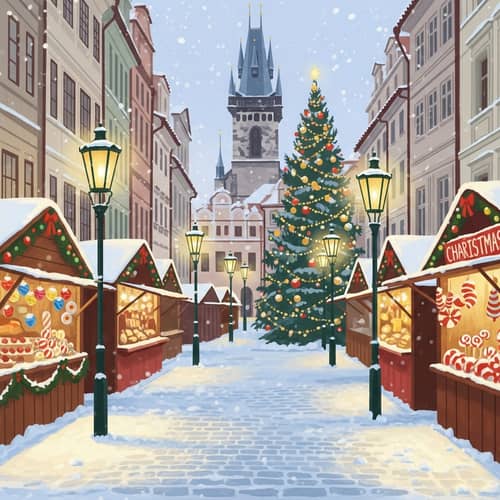Winter Wonderland Postcard: Snow-Covered Antique Town & Christmas Market