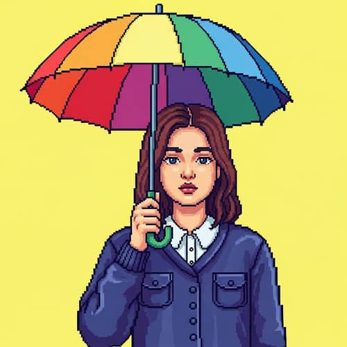 Pixelated Digital Illustration of Caucasian Girl under Multicolored Umbrella