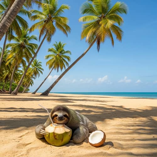 Sloth Relaxing on a Tropical Beach with Coconut