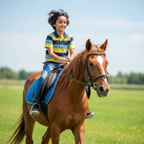 Joyful Middle-Eastern Boy Riding Chestnut Horse in Green Meadow