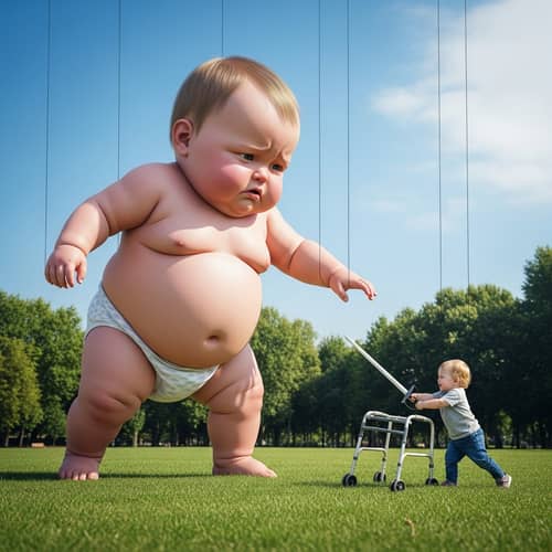 Gigantic Baby vs Toddler in Park: Surreal Combat Scene