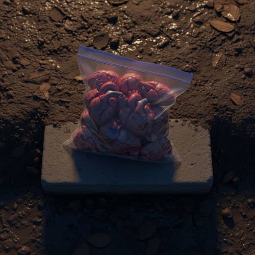 Real Hearts in Zip Lock Bag on Step: Evening Scene