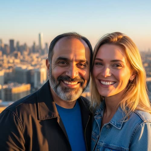 Warmth and Friendliness: Urban Sunset Shared Moment