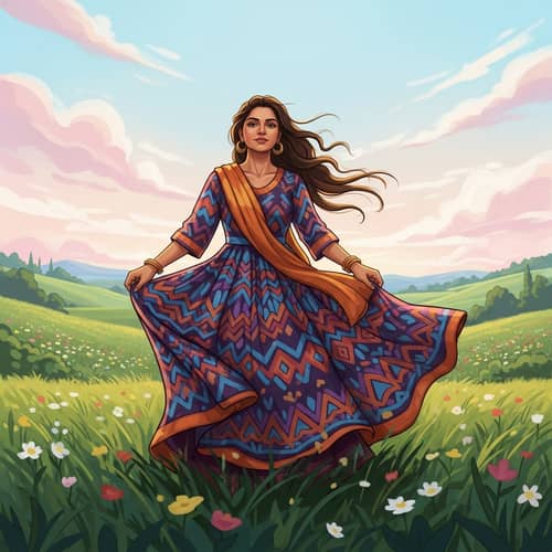 South Asian Woman in Vibrant Dress | Calm Landscape Scene