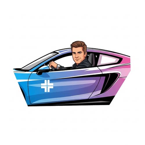 Vector Logo | Man Driving Stylish Car in Blue and Pink