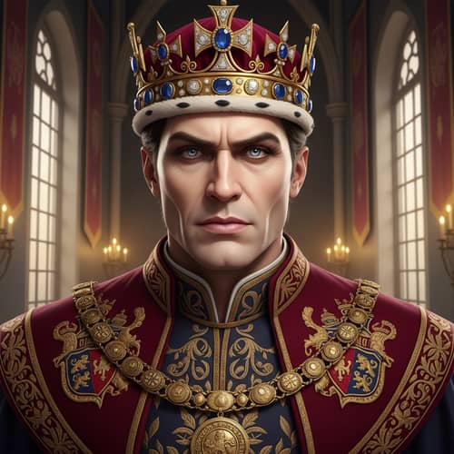 Regal Male Figure with Crown - Cold Expression and Blue Eyes