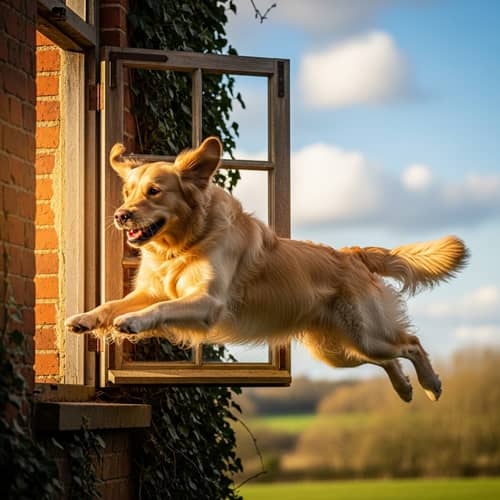 Playful Dog Leaping Out of Window
