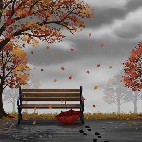 Poignant Scene of Loss: Abandoned Bench and Umbrella in Autumn Park