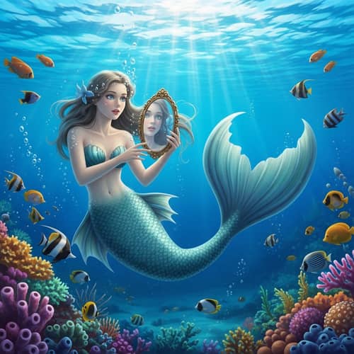 Enchanting Mermaid Gazing at Her Reflection in Underwater Mirror