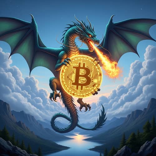 Majestic Dragon Holding Gold Bitcoin Symbol in Twilight Sky