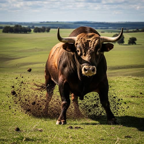 Intense Bull in Wide Pasture | Raw Strength Displayed