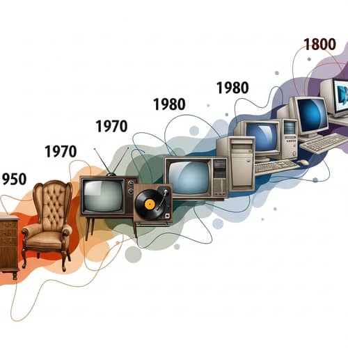 timeline illustration showing audio visual design evolution from analog to digital with vintage equipment transitioning to modern interfaces