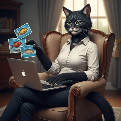 Feline-Humanoid Cat Figure Admiring Fish Photos | Website Name