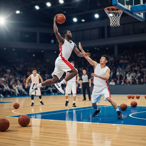 High-Energy Basketball Match on Vibrant Court