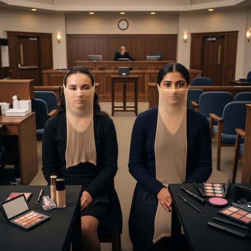 Courtroom Makeup Mischief: Girls in Sheer Pantyhose Masks
