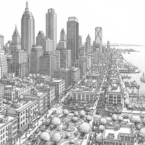 Detailed Pencil Drawing of Urban Landscape with Skyscrapers and Seaside View