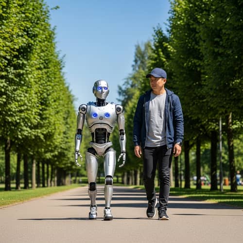 Robot Walking with Companion in Serene Park
