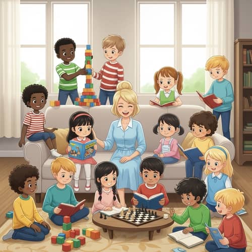 Heartwarming Family Scene: Mother Laughing with Diverse Kids