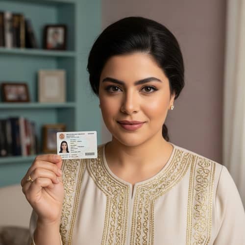 Middle-Eastern Woman Holding ID Card - Authentic Photo