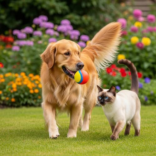 Heartwarming Garden Scene: Gold Retriever Dog and Siamese Cat Playing