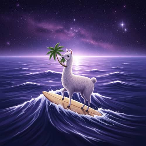 Celestial Llama Surfing in a Purple Universe | Palm Tree Feasting