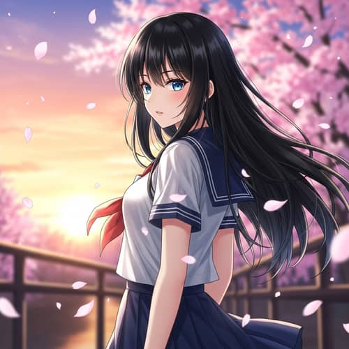 Teenage Anime Girl with Dramatic Black Hair | Magical Atmosphere