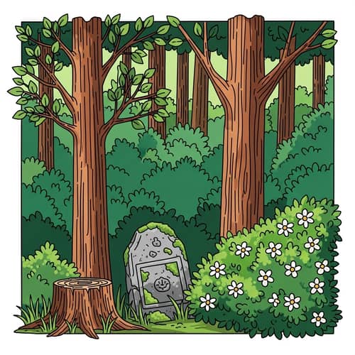 Whimsical Forest Scene with Lush Greenery and Nostalgic Elements