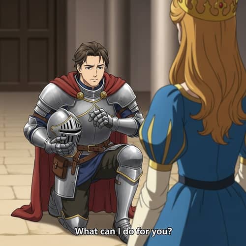 Chivalrous Anime Knight Bowing to Princess - Medieval Scene