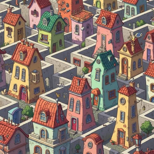 Whimsical Urban Labyrinth: Charming Streets with Quirky Buildings