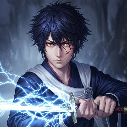 Anime Style Asian Male Character with Dark Blue Hair and Lightning Blade