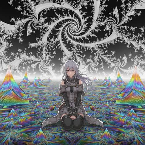 Iridescent Fractals: Anime Character in a Surreal Scene