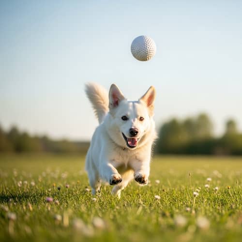 Serene Outdoor Setting with a Playful White Dog Catching a Ball