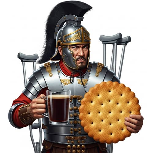 Kazakh Man in Roman Centurion Armor with Coffee Mug and Cracker Cookie