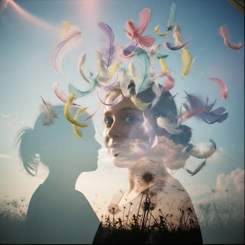 Dreamy Portrait of Girl Surrounded by Floating Feathers