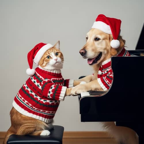 Happy Norwegian Cat and Golden Retriever Dog Playing Piano | Festive Fun