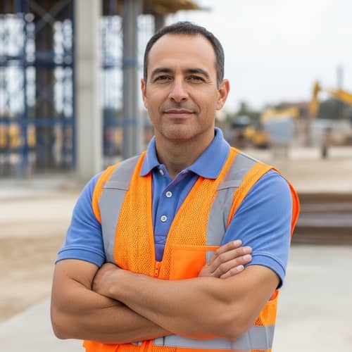 Hispanic Construction Worker in Blue Polo Shirt with Orange Safety Vest