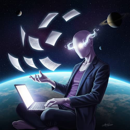 Ethereal Humanoid in Cosmic Space: Enigmatic Powers and Paper Manipulation