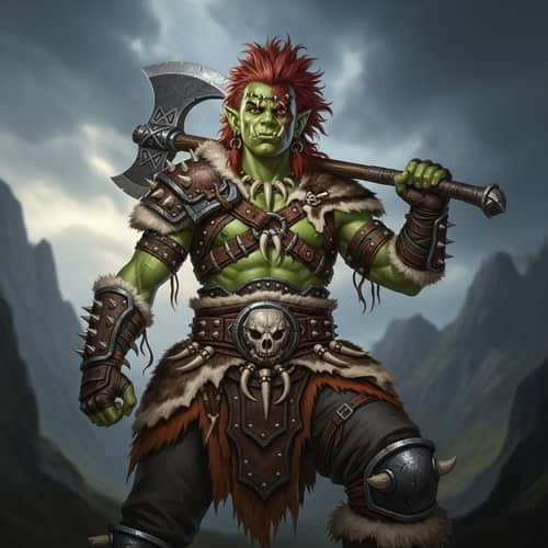 16-Year-Old Half-Orc Barbarian with Vibrant Green Skin and Fiery Red Hair