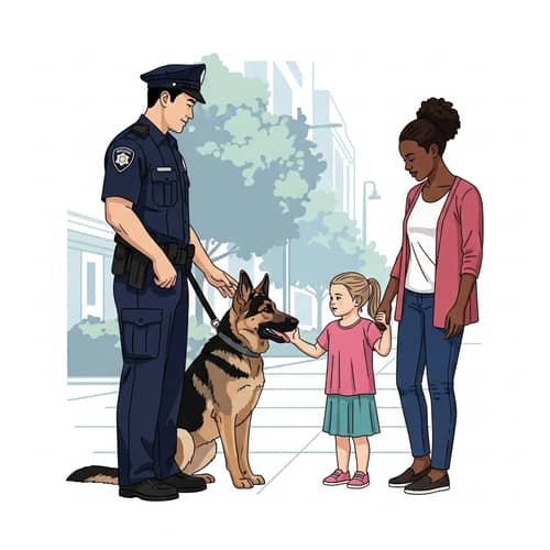 Asian Policeman and K-9 Officer with Girl and Mother on City Sidewalk