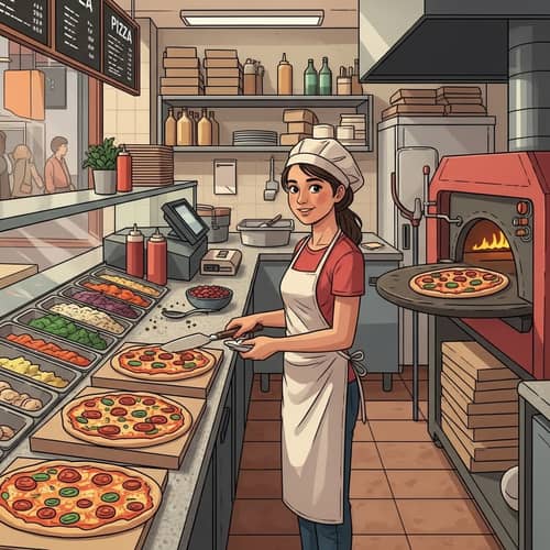 15-Year-Old Hispanic Girl at Thriving Pizzeria | Fresh Pizzas & Busy Atmosphere