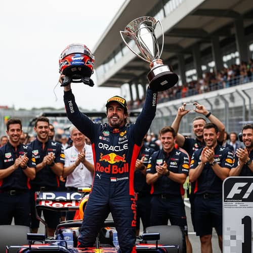 Fernando Alonso Celebrates Victory with Red and Blue Racing Team