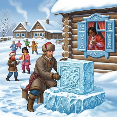 Winter Slavic Traditions: Snow-Covered Village & Ice Carving